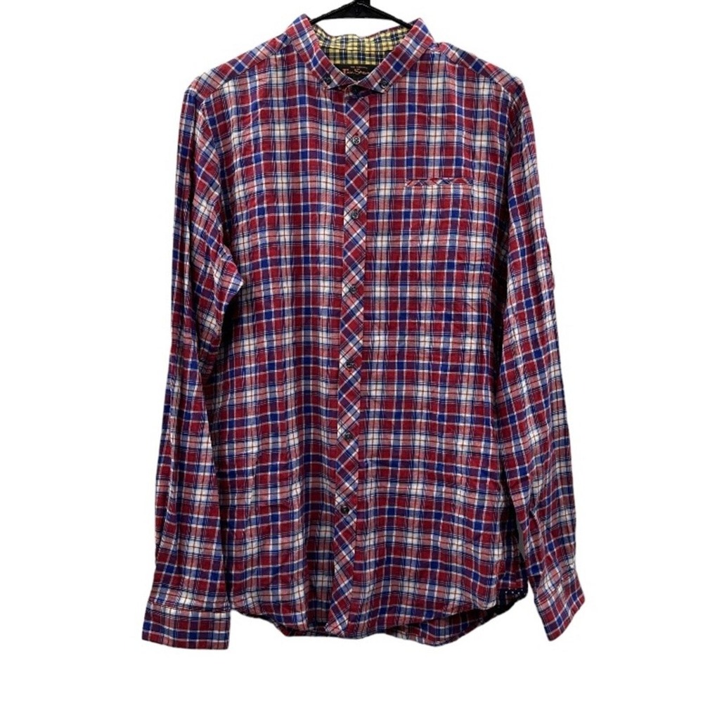 Ben Sherman Canclini Italian Fabric‎ Plaid Shirt Mens Large Red Blue Button Down